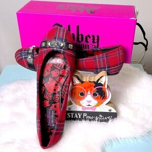 New Abby Dawn by Avril Lavigne Tartan Ballerina Flats Red Plaid Studded Shoes 7